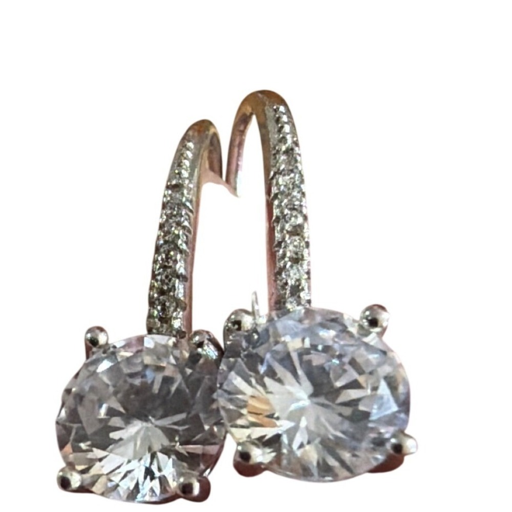 Silver Tone Round Cut Clear Solitaire Leverback Drop Earrings  Pavé‎ Accents